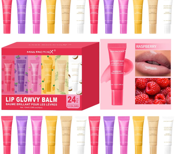 24pc 6-color moisturizing lip gloss set clear tubes glossy finish nourishing formula boxed set