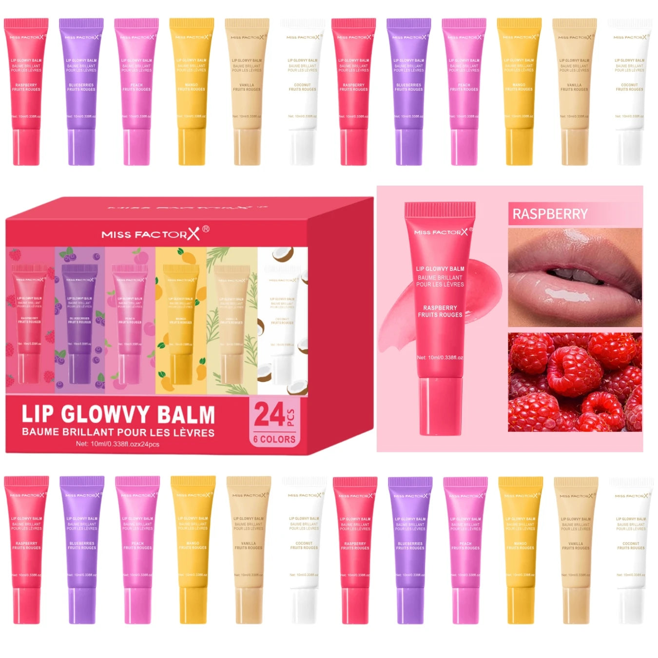 24pc 6-color moisturizing lip gloss set clear tubes glossy finish nourishing formula boxed set