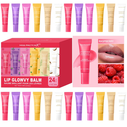 24pc 6-color moisturizing lip gloss set clear tubes glossy finish nourishing formula boxed set