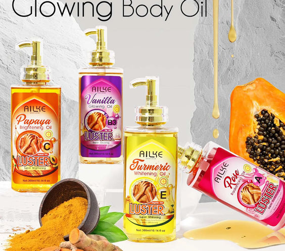 Turmeric Brightening Oil 300ml amber bottle with label listing turmeric kojic acid vitamin E collagen salicylic acid