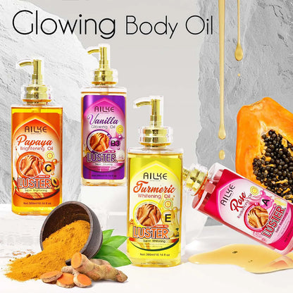 Turmeric Brightening Oil 300ml amber bottle with label listing turmeric kojic acid vitamin E collagen salicylic acid