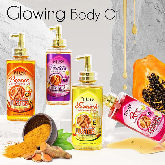 Turmeric Brightening Oil 300ml amber bottle with label listing turmeric kojic acid vitamin E collagen salicylic acid