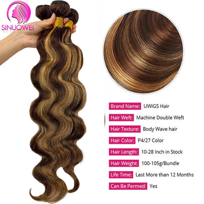 30 32 Inch Highlight Body Wave 100 Percent Brazilian Remy Human Hair Bundles P4 27 Honey Brown by Beauty Bae