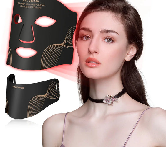 7-Color LED Face Mask UBilli showing curved resin shell 210+99 LEDs USB charging port and adjustable straps