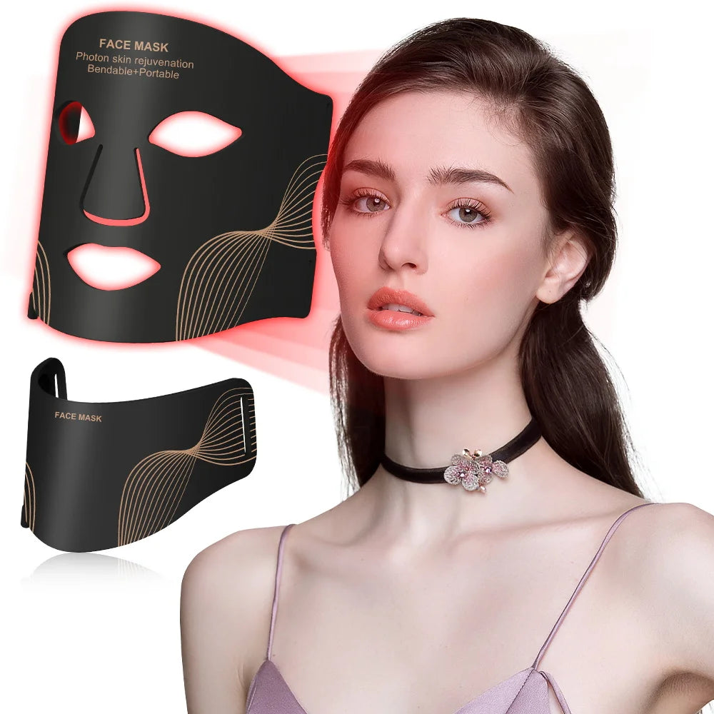 7-Color LED Face Mask UBilli showing curved resin shell 210+99 LEDs USB charging port and adjustable straps