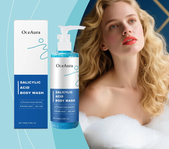 OceAura Salicylic Body Wash 100ml white bottle labeled salicylic acid exfoliant dense foam Made in Mainland China