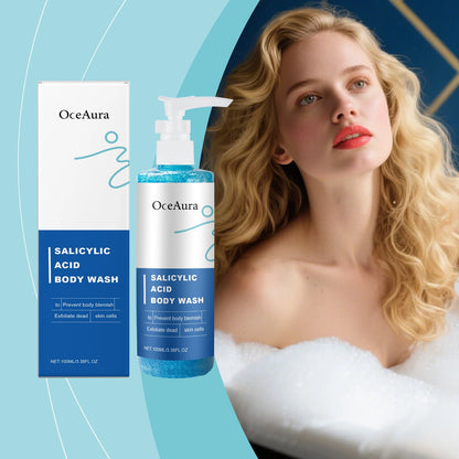 OceAura Salicylic Body Wash 100ml white bottle labeled salicylic acid exfoliant dense foam Made in Mainland China