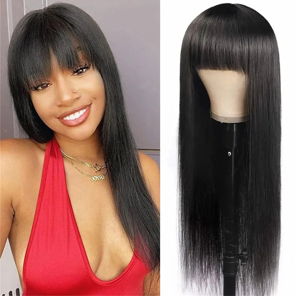 Silky Full Machine Made 100 Percent Brazilian Remy Human Hair Wig With Bangs Straight For Women On Sale by Beauty Bae