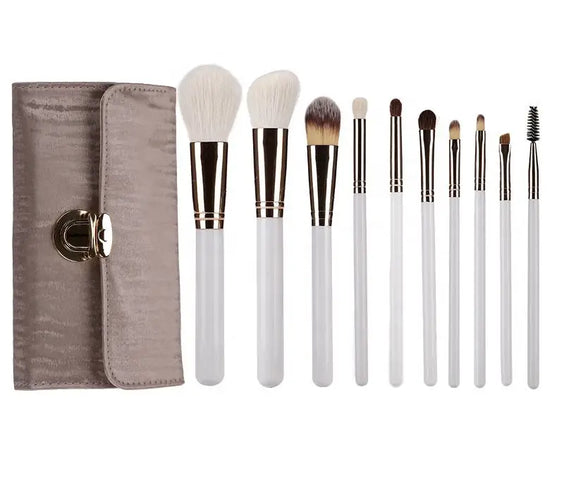 10-piece wool makeup brush set with wool bristles wood handles and secured metal ferrules