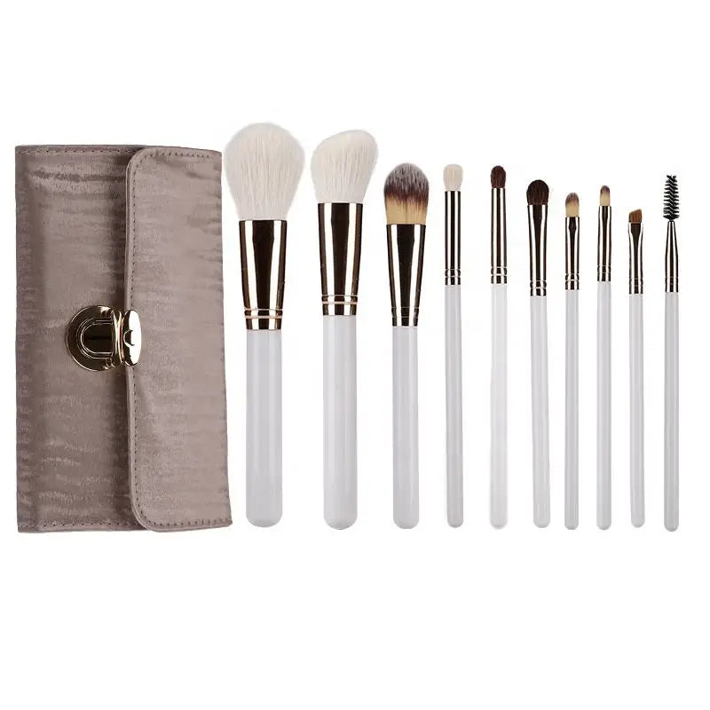 10-piece wool makeup brush set with wool bristles wood handles and secured metal ferrules