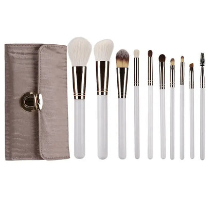 10-piece wool makeup brush set with wool bristles wood handles and secured metal ferrules