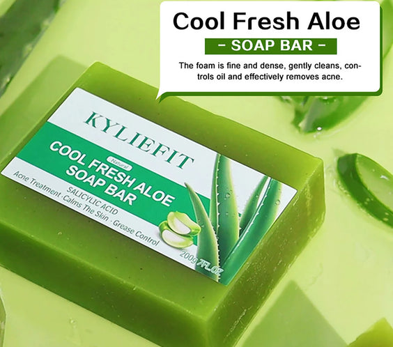 Aloe Vera Whitening Soap bar with aloe leaf graphic and vegan plant-based ingredient label