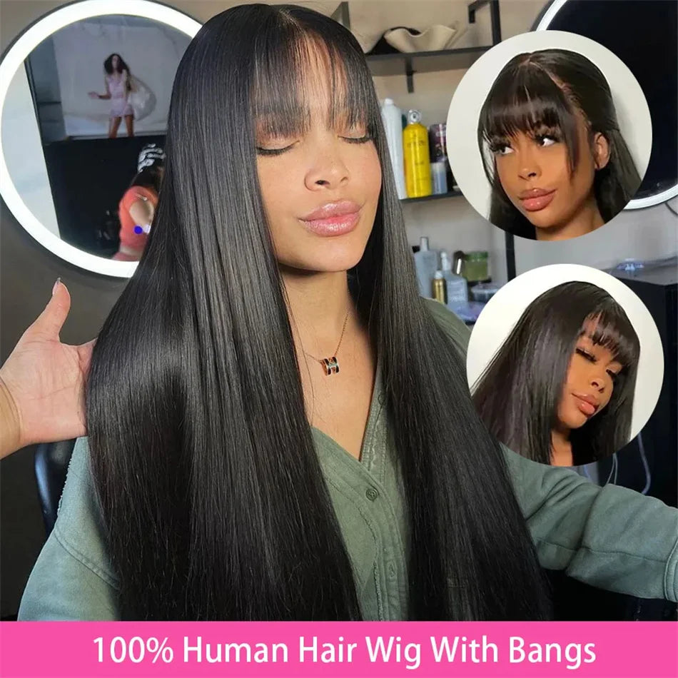 Silky Full Machine Made 100 Percent Brazilian Remy Human Hair Wig With Bangs Straight For Women On Sale by Beauty Bae