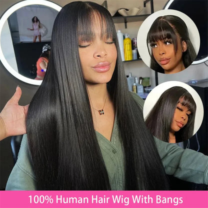 Silky Full Machine Made 100 Percent Brazilian Remy Human Hair Wig With Bangs Straight For Women On Sale by Beauty Bae