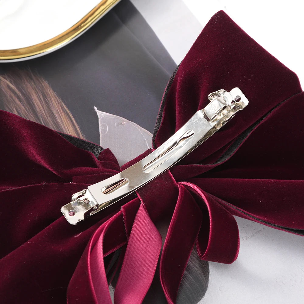 Velvet Bow Hair Barrette for Women and Girls Ponytail Hairpin Red and Black Ribbon Hair Clip Fashion Accessories by Beauty Bae