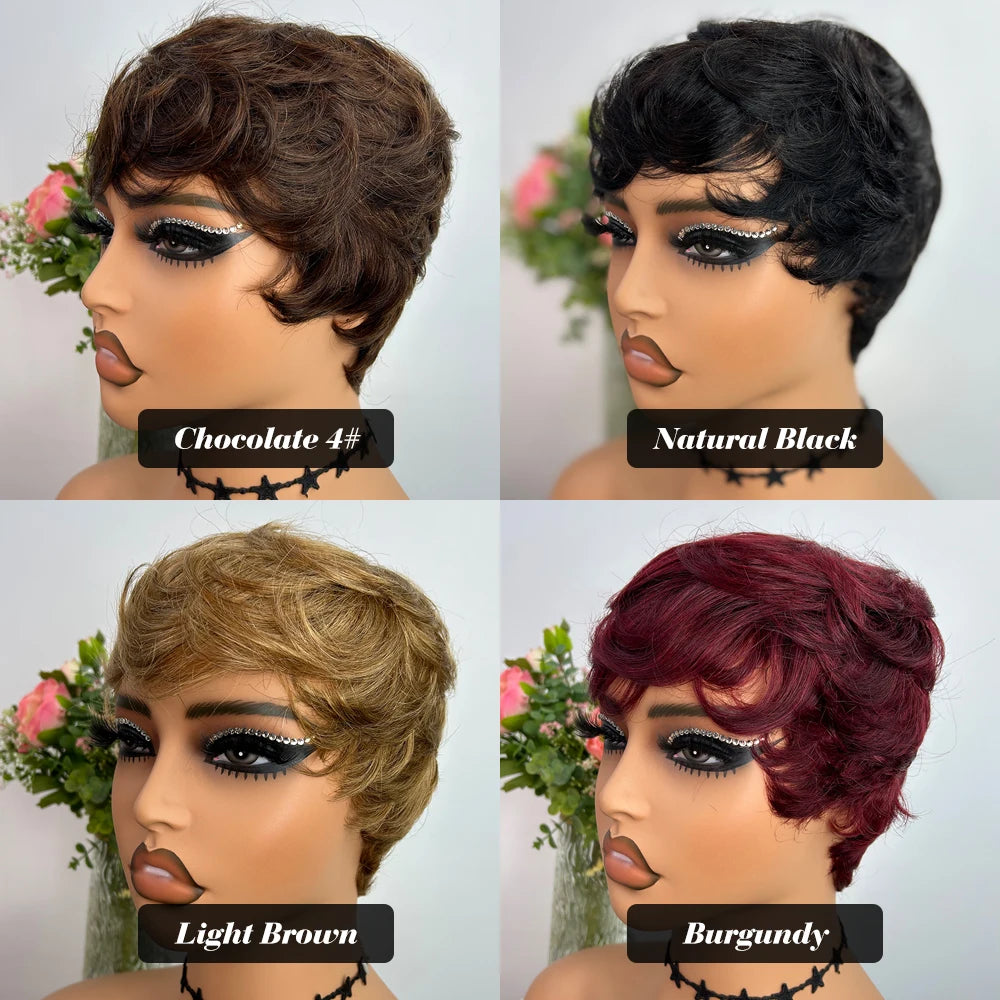 Short Virgin Brazilian Human Hair Wig Pixie Cut Straight For Black Women With Bangs Glueless Machine Made by Beauty Bae