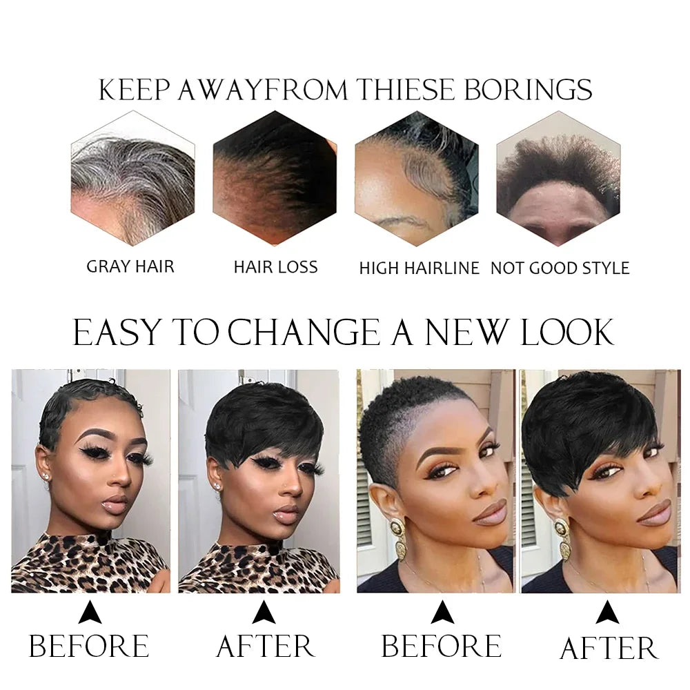Short Virgin Brazilian Human Hair Wig Pixie Cut Straight For Black Women With Bangs Glueless Machine Made by Beauty Bae