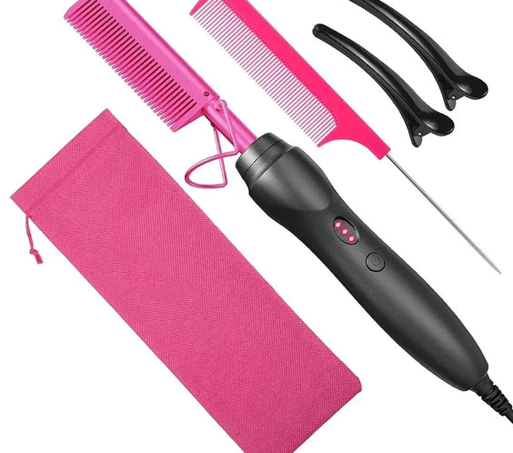 Pink electric hot comb with folding bracket removable anti-scald shield and 120-210°C temperature control