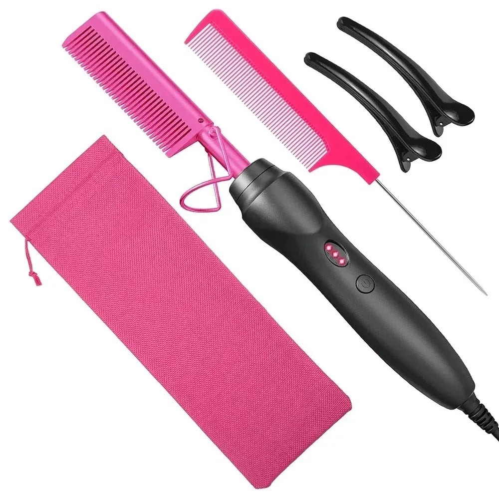 Pink electric hot comb with folding bracket removable anti-scald shield and 120-210°C temperature control