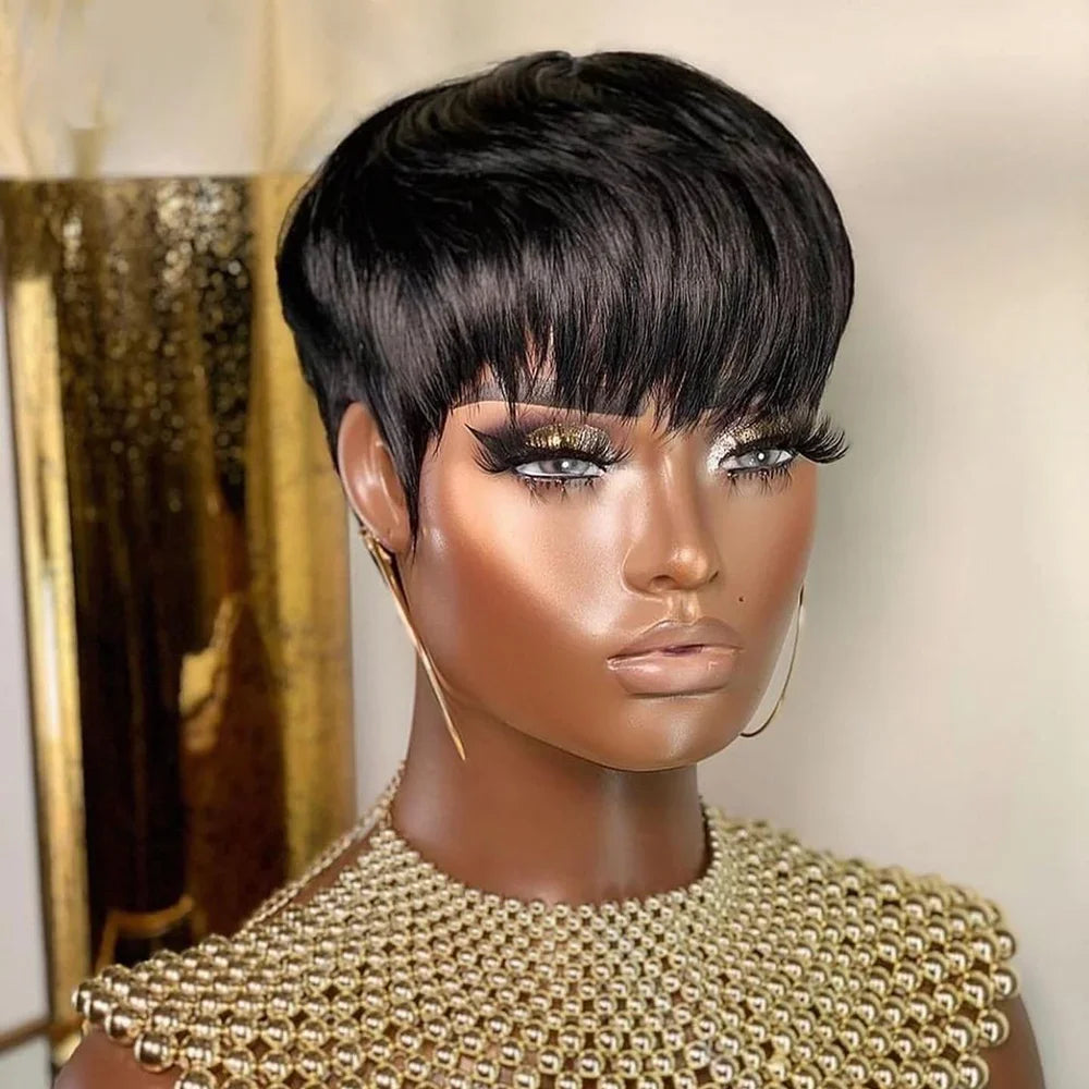 Short Virgin Brazilian Human Hair Wig Pixie Cut Straight For Black Women With Bangs Glueless Machine Made by Beauty Bae