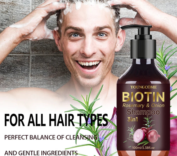 Biotin Rosemary Onion Shampoo 100ml bottle YOUNGCOME label lists biotin onion rosemary CPNP registered