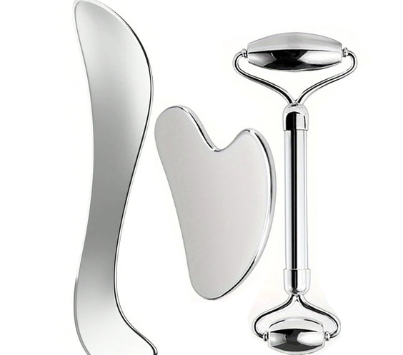 Stainless steel face roller and curved gua sha set with dual-size wide and small rollers smooth nonporous metal finish
