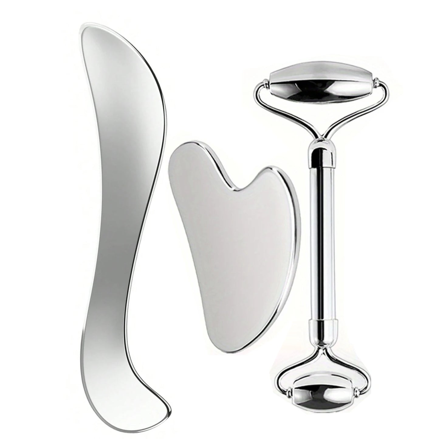 Stainless steel face roller and curved gua sha set with dual-size wide and small rollers smooth nonporous metal finish