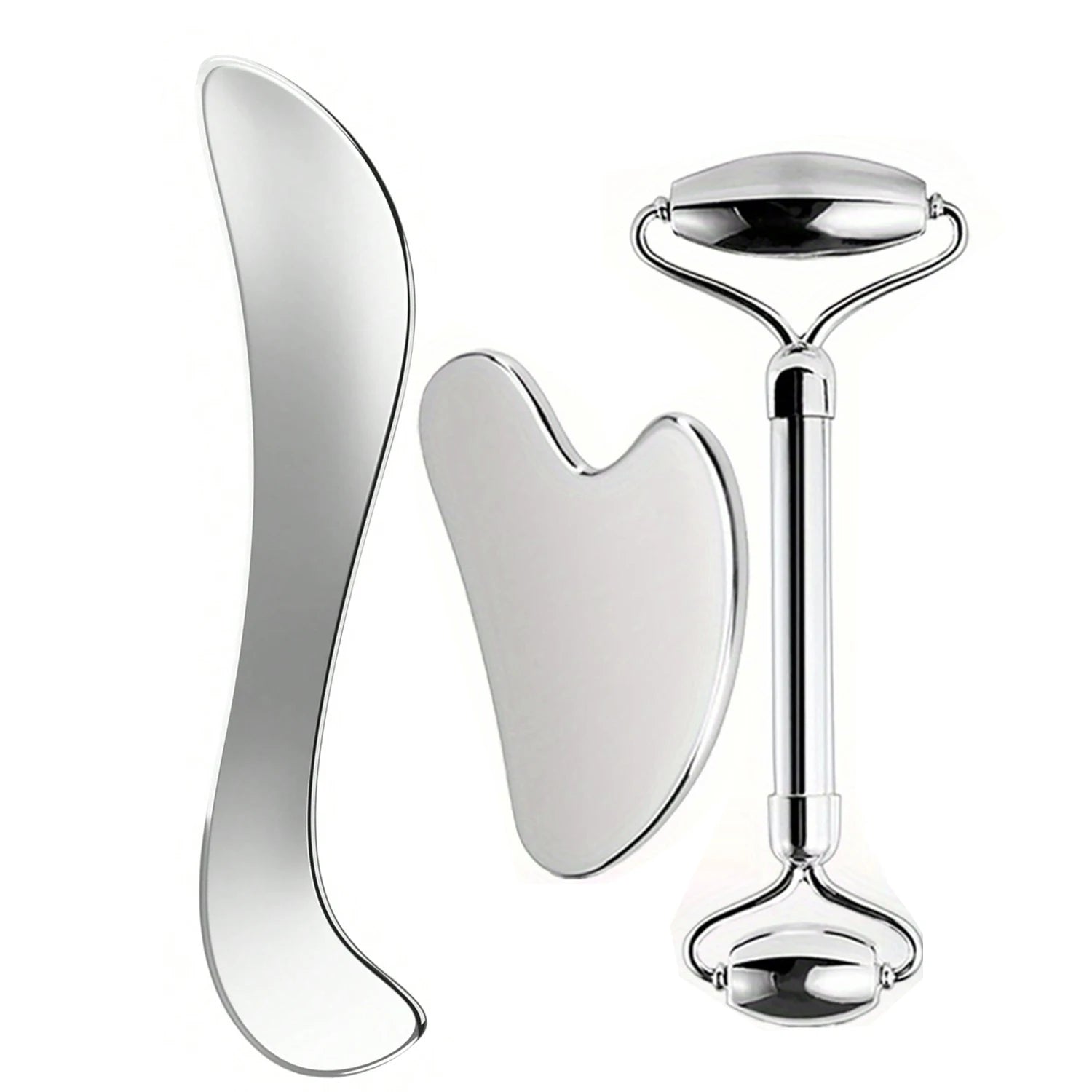 Stainless steel face roller and curved gua sha set with dual-size wide and small rollers smooth nonporous metal finish