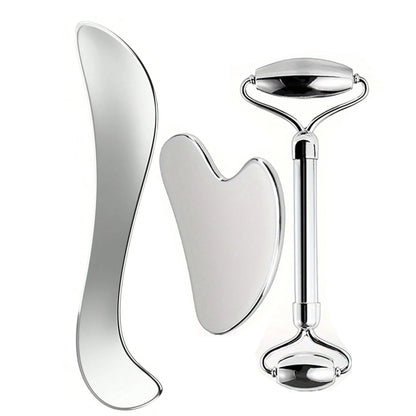 Stainless steel face roller and curved gua sha set with dual-size wide and small rollers smooth nonporous metal finish