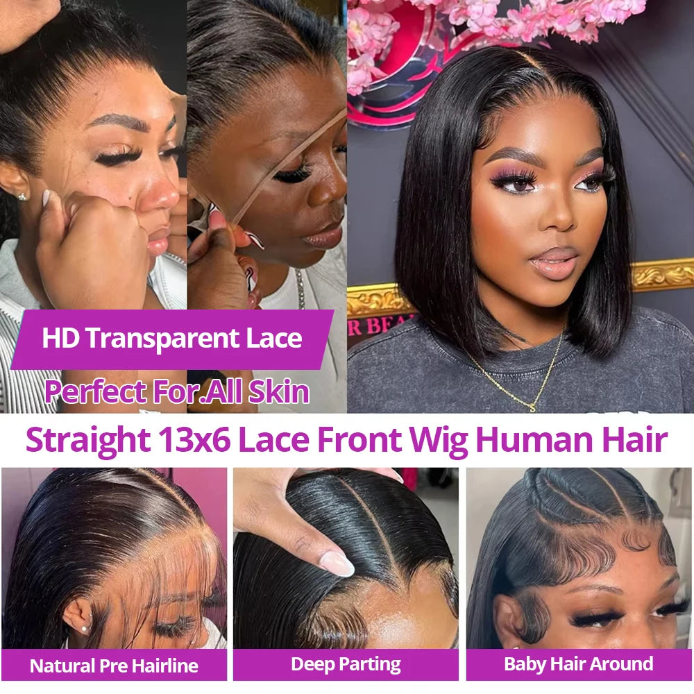 100% Human Hair Glueless Lace Front Wig 13x6 Short Bob Half Lace HD Frontal Brazilian Black Wear and Go by Beauty Bae