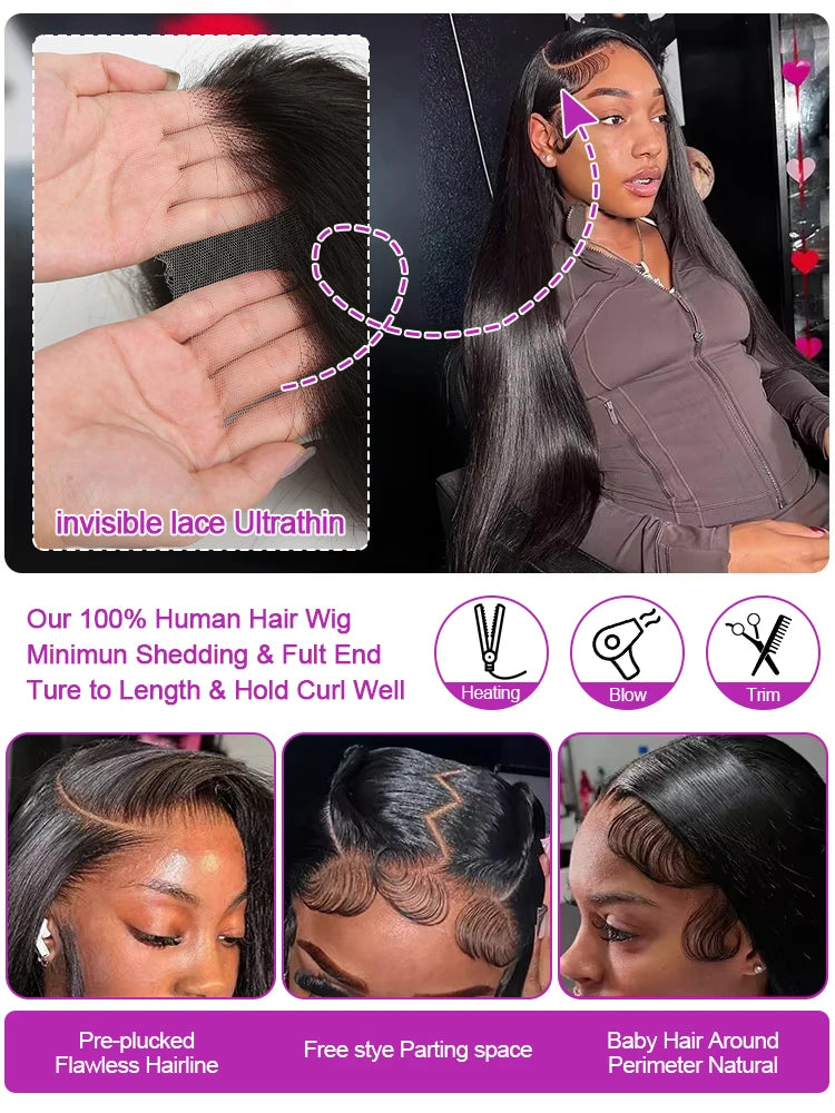 40 Inch Natural Black Glueless Lace Front Wig For Women 13x6 360 HD Lace Frontal Bone Straight Remy Human Hair by Beauty Bae