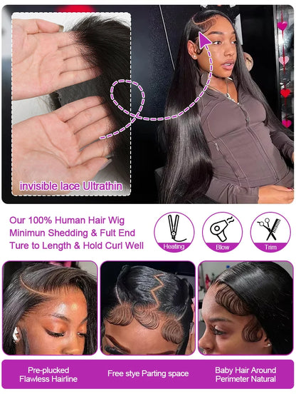 40 Inch Natural Black Glueless Lace Front Wig For Women 13x6 360 HD Lace Frontal Bone Straight Remy Human Hair by Beauty Bae