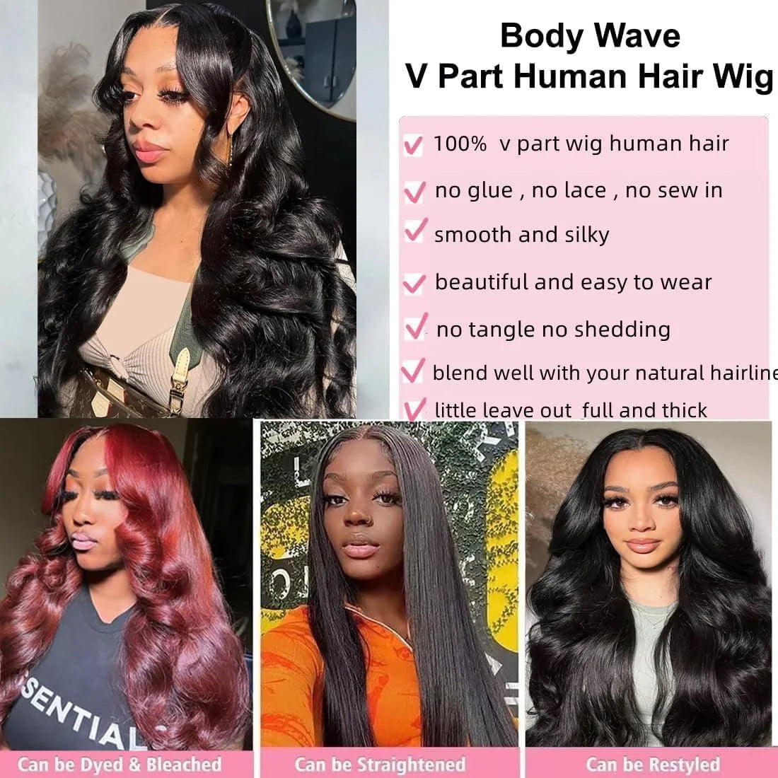 V Part Body Wave Wig 100 Percent Human Hair Glueless V Shaped Part Natural Color Remy Brazilian 250 Percent Density by Beauty Bae