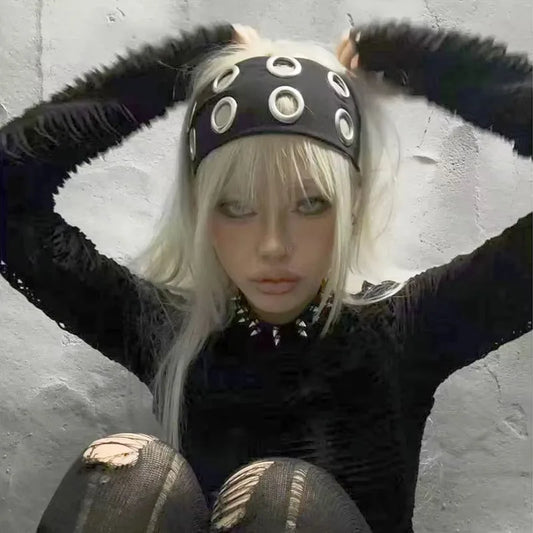 Punk Girl Hollowed Out Eyelets Wide Elastic Headband For Women Stretchy Metal Rock Steampunk Hair Accessory by Beauty Bae