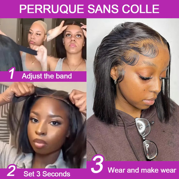 100% Human Hair Glueless Lace Front Wig 13x6 Short Bob Half Lace HD Frontal Brazilian Black Wear and Go by Beauty Bae