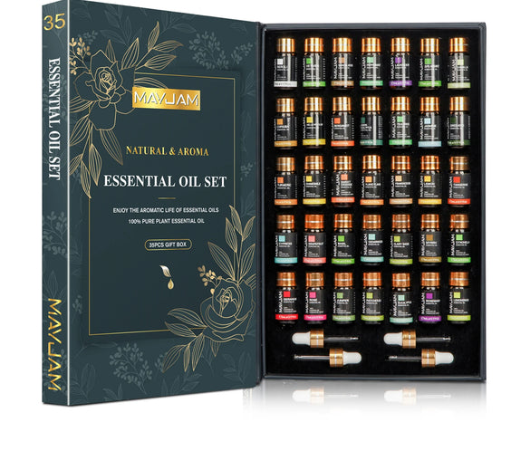 MAYJAM 35pc essential oils set 35 labeled bottles 4 droppers and gift box origin Mainland China 3 year shelf life