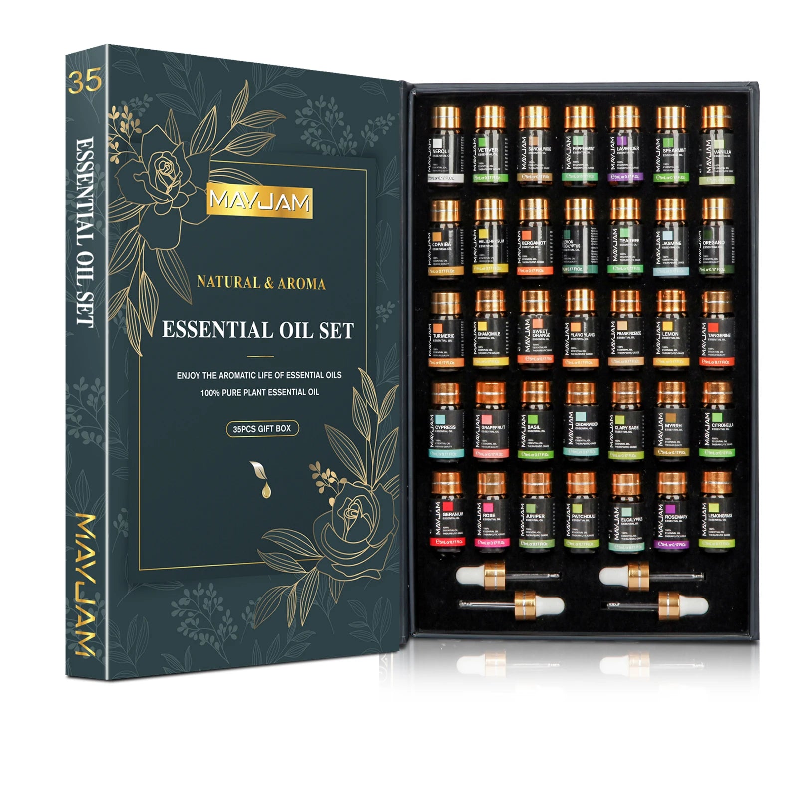 MAYJAM 35pc essential oils set 35 labeled bottles 4 droppers and gift box origin Mainland China 3 year shelf life