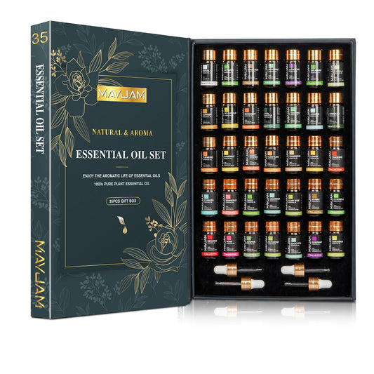 MAYJAM 35pc essential oils set 35 labeled bottles 4 droppers and gift box origin Mainland China 3 year shelf life