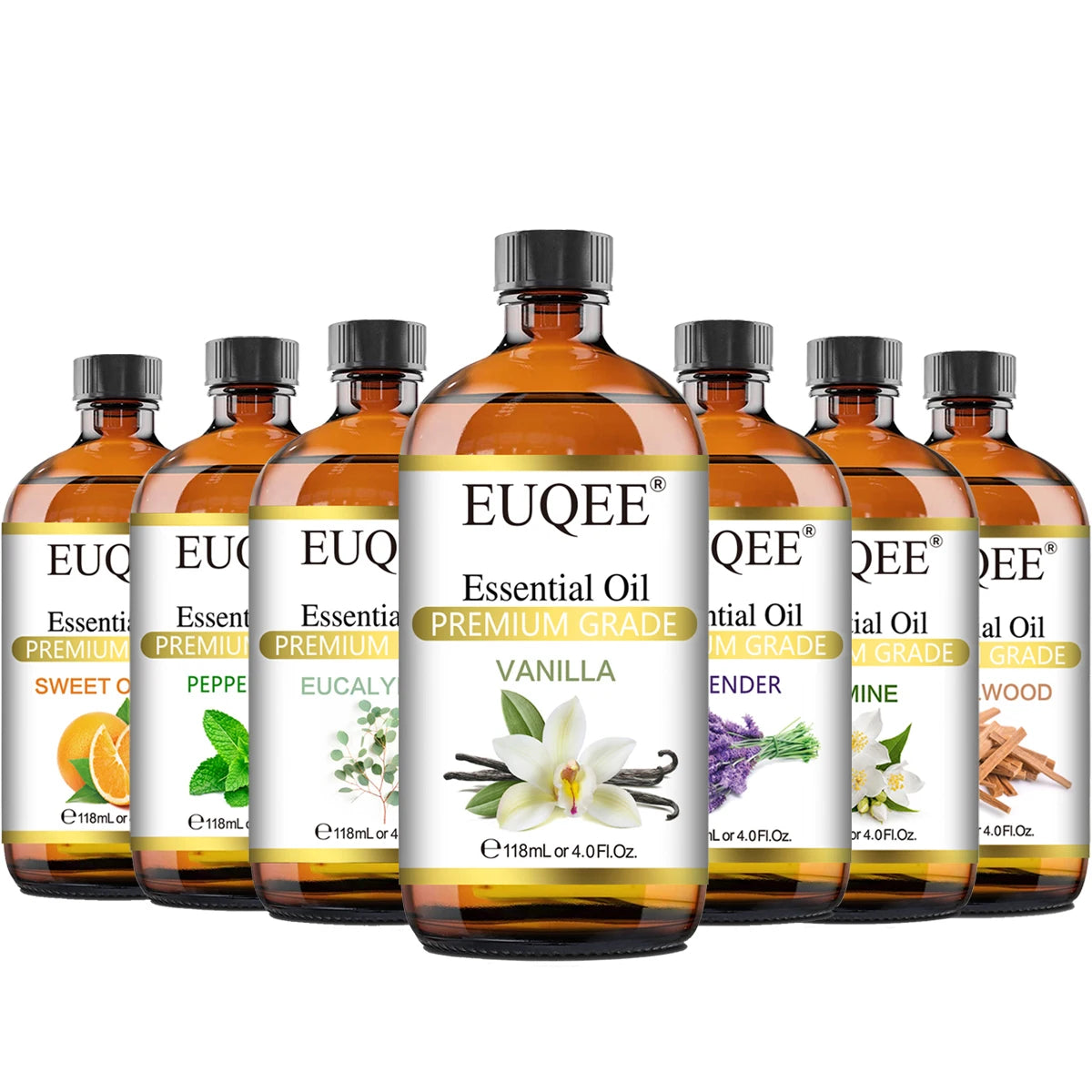 EUQEE 118ml amber glass bottle with dropper and gift box labeled pure essential oil single-ingredient