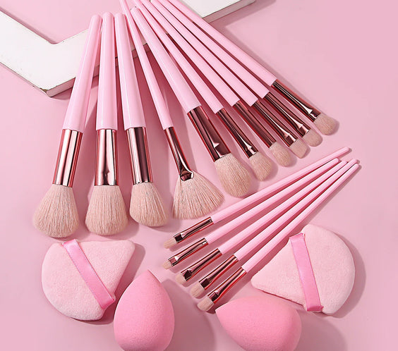 19-piece pink nylon and wool makeup brush set with sponge puff and plastic handles arranged for face and eye use