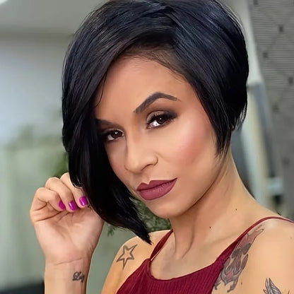 Short Layered Full Machine Made Pixie Wig With Bangs 100 Percent Human Hair Brazilian Remy Daily Wear For Women by Beauty Bae