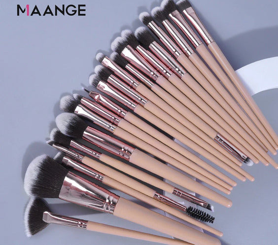 Maange 20pc synthetic makeup brushes pink wood handles aluminum ferrules assorted face and eye brushes 0.142kg