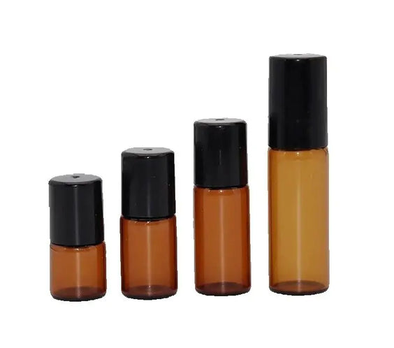 Amber Glass Roll-On Bottles with steel roller balls and plastic screw caps brown refillable vials 50 or 100pcs