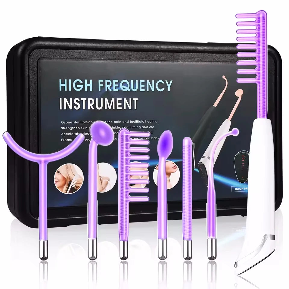 6-in-1 High Frequency Wand handheld unit with touch panel digital display and six interchangeable glass electrodes