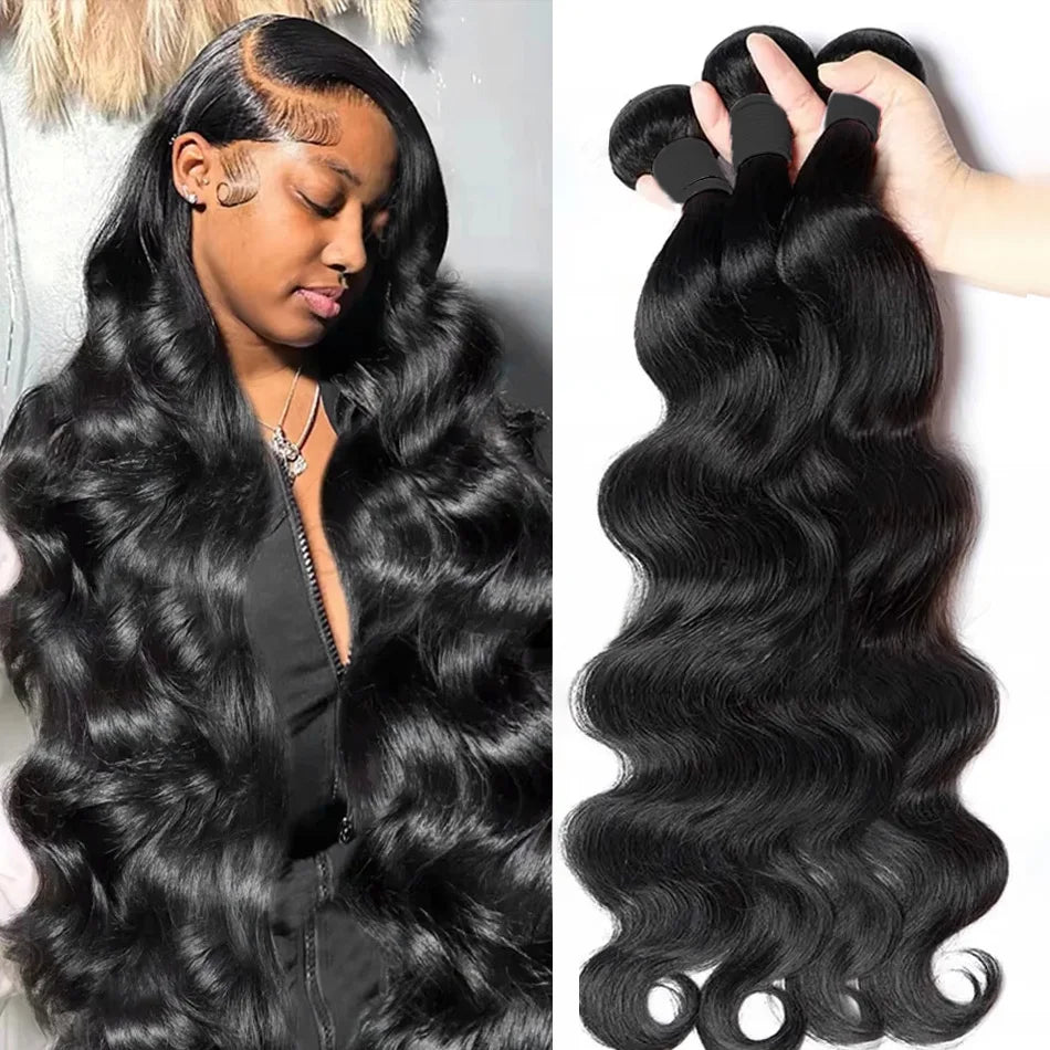 Virgin Brazilian Weave Body Wave Hair 30 to 40 Inch 3 or 4 Bundles Remy 100 Percent Human Hair Extensions Natural Black by Beauty Bae