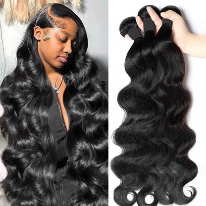 Virgin Brazilian Weave Body Wave Hair 30 to 40 Inch 3 or 4 Bundles Remy 100 Percent Human Hair Extensions Natural Black by Beauty Bae