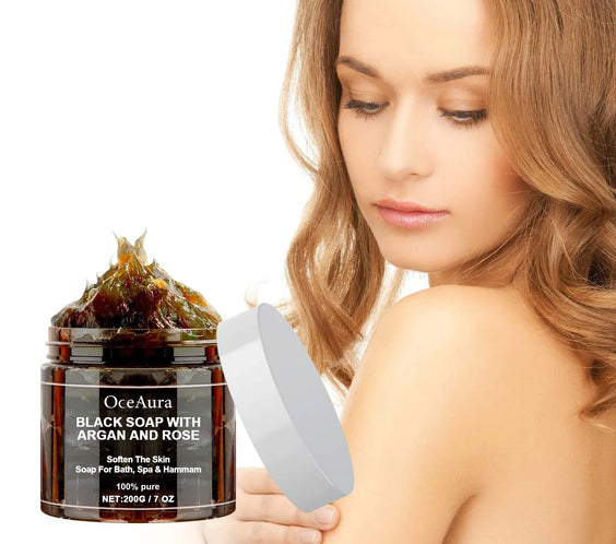 OCEAURA Black Beldi Soap 200g paste jar with label showing Argan Rosa rugosa and hyaluronic acid Handmade Mainland China