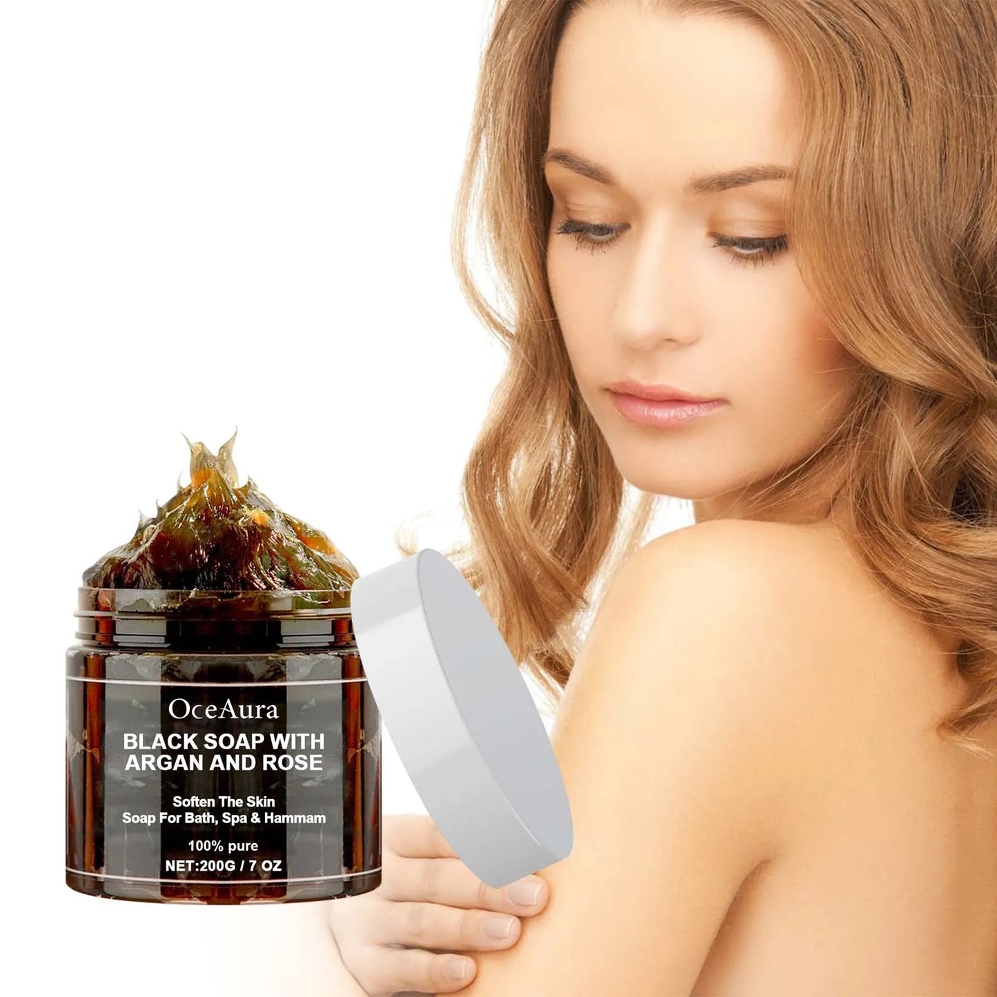 OCEAURA Black Beldi Soap 200g paste jar with label showing Argan Rosa rugosa and hyaluronic acid Handmade Mainland China