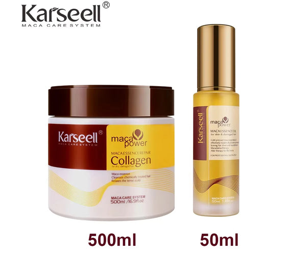 Karseell Collagen Hair Mask 500ml bottle beside 50ml Moroccan Argan Oil bottle showing product labels and dropper