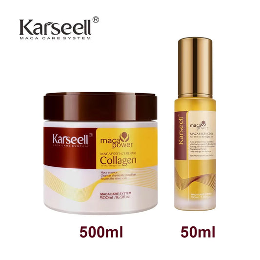 Karseell Collagen Hair Mask 500ml bottle beside 50ml Moroccan Argan Oil bottle showing product labels and dropper